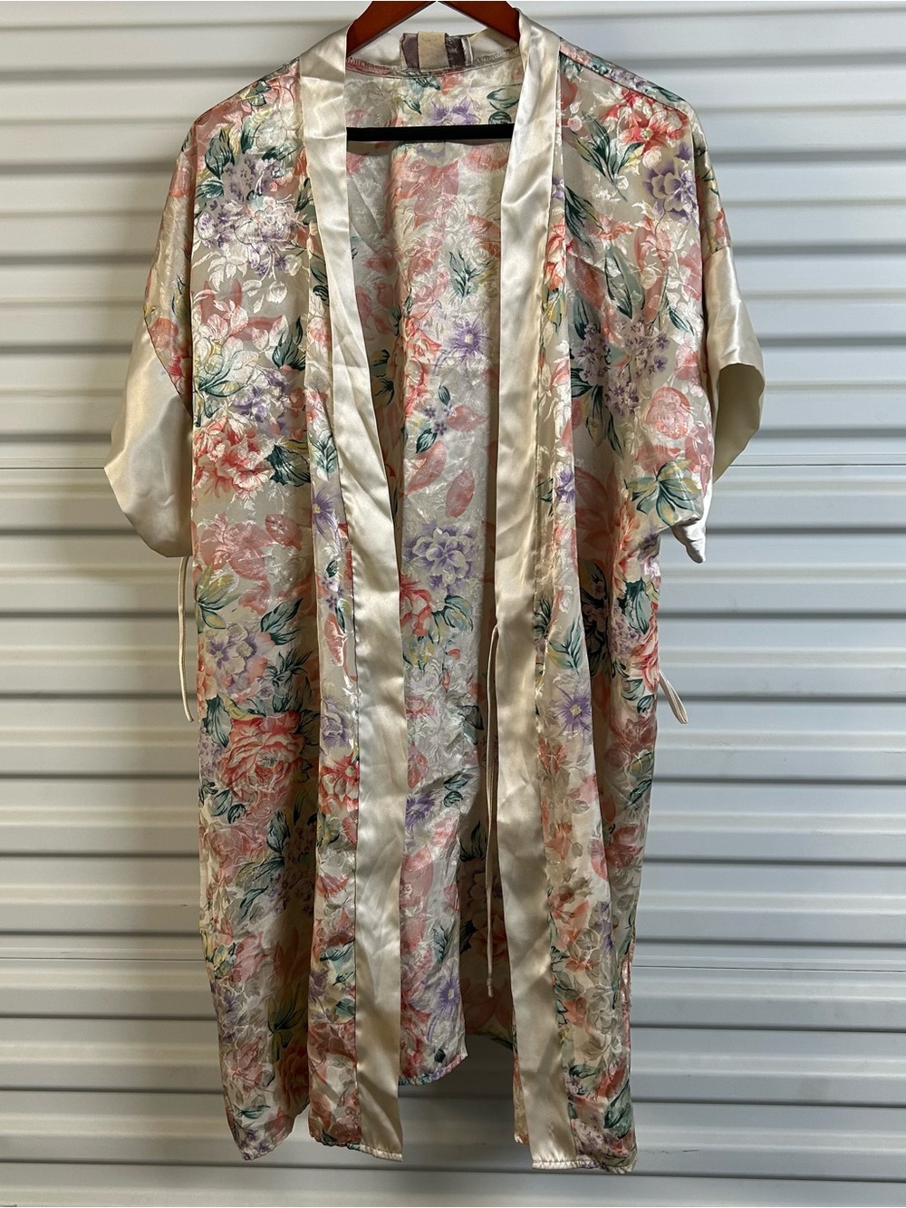 Just My Size Cream Satin Floral Robe with Pastel Blooms